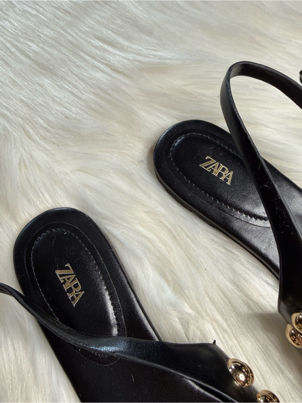 Zara Black Flat Slingback Sandal with Gold Studs - Picture 3 of 7